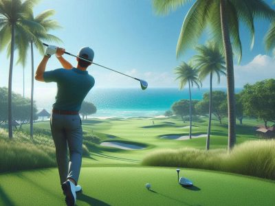 Een golfspeler aan zee